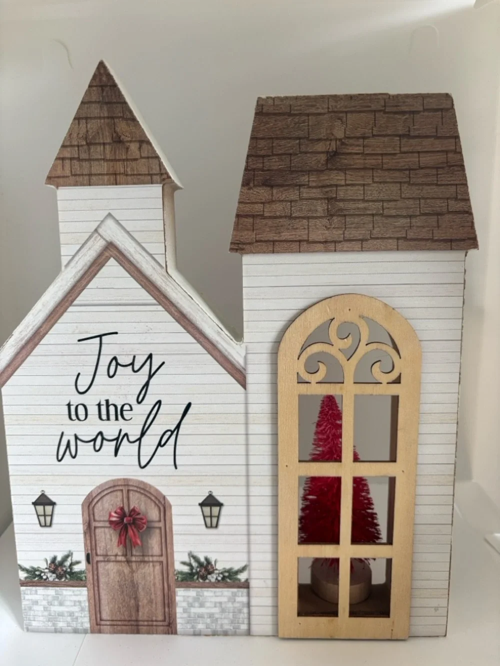 Wooden tabletop Christmas church “joy to the World” red bottle brush tree set